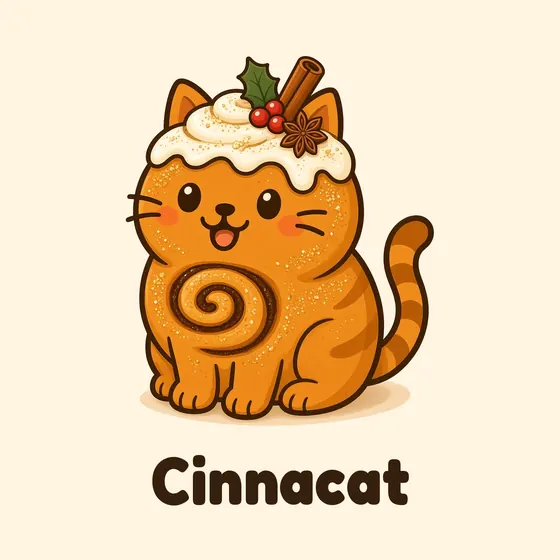 Cinnacat, a cartoon cat made out of a warm orange iced bun, in its Christmas look with a snowy swirl of icing, holly, a cinnamon stick and star anise