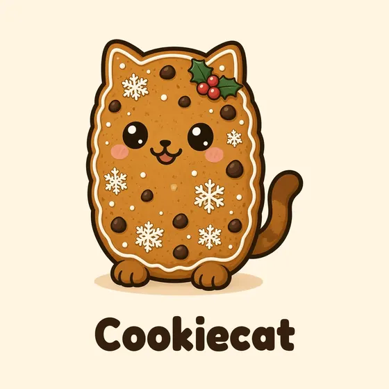 Cookiecat, a cartoon cat made out of a tall oval cookie, in its Christmas look with an icing edge, icing snowflakes, chocolate chips and a holly sprig