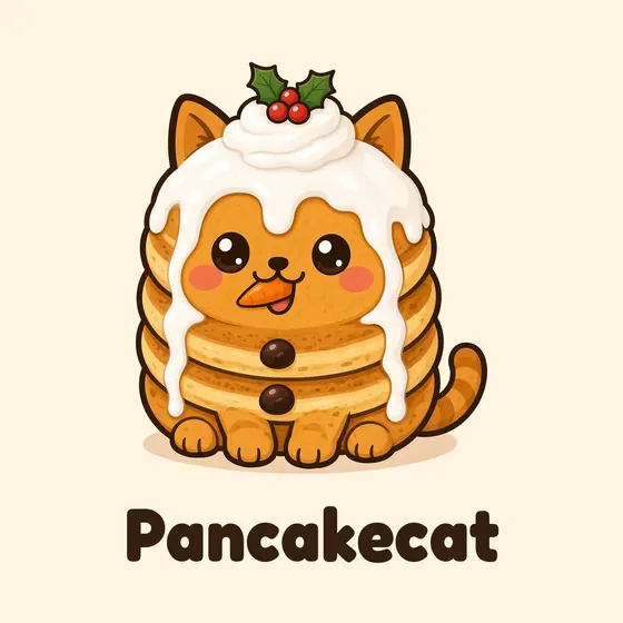 Pancakecat, a cartoon cat made out of a stack of pancakes, in its Christmas look as a snowman stack with icing snow, a carrot nose and holly
