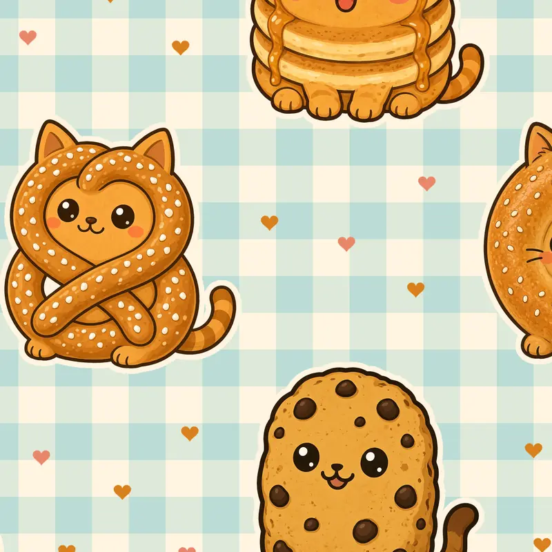 Picnic Gingham pattern: bakery cats on cream and red gingham checks